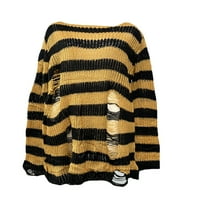 Офиловите жени пънк готически дълъг пуловер y2k издълбан отвор счупена плетена раирана дълга пуловер джъмперни върхове черни златисти един размер