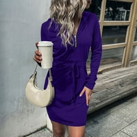 Женски летни рокли за жени Разхлабени къси ръкав със средна дължина V-образно обвинение Solid Party Dress Purple 5xl