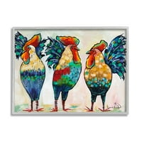 Ступел индустрии смели шарени пилета кокошки ярки пера стоящи Живопис сива рамка изкуство печат стена изкуство, дизайн от Кари Евенсън
