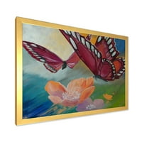 Дизайнарт 'Пеперуди Върху Розови Цветя' Традиционна Рамка Арт Принт