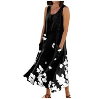 Женски рокли отпечатани глезени Дължина Слънчева рокля без ръкави Небрежно лято V-образно рокля черно xl
