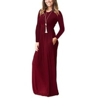 Дълго ръкав рокля с кръгла деколте жени Небрежно дълъг ръкав солиден теглене назад O-O-Neck Pocket дълга рокля червен XL BO35720DR