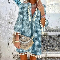 Просвета летни рокли за жени с V-образна модна флорална мини а-линия рокля от ръкав син 3xl
